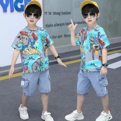 China 2021 Summer Kids Cartoon Round Collar Casual Animal Dinosaur 2PCS Short Sleeve Pants Boys Clothing Set for sale