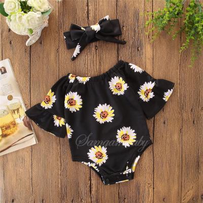 China 2020 Summer Cute Washable Baby Black Floral Short Sleeve Printed Romper Baby Clothes Send Baby Headband for sale