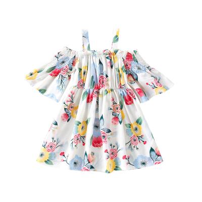 China 2021 Summer New Breathable Girls Floral Skirt Fashion Off The Shoulder Flower Print Waist Casual Kids Dress for sale