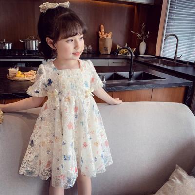 China 2021 Summer Bubble Sleeve Dress Girl Breathable Embroidery Butterfly Printing Cute Lace Skirt Short Princess Skirt for sale