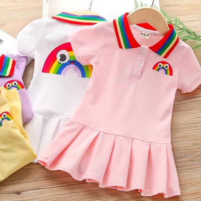 China 2020 Summer New Girl's Rainbow Lapel Baby Dress Children's Breathable Cute Short Sleeve Pleated Dress for sale