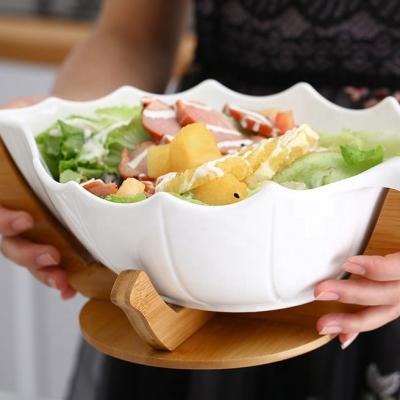 China OEM Sustainable Nordic Creative White Ceramic Salad Bowl Fruit Bowl Dessert Bowl With Wooden Frame for sale