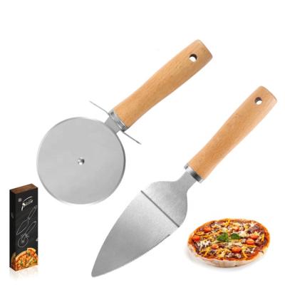 China Sustainable Portable Kitchen Tools 2 Pcs Set Handle Stainless Steel Pizza Cutter And Wooden Spatula Pizza With Box for sale