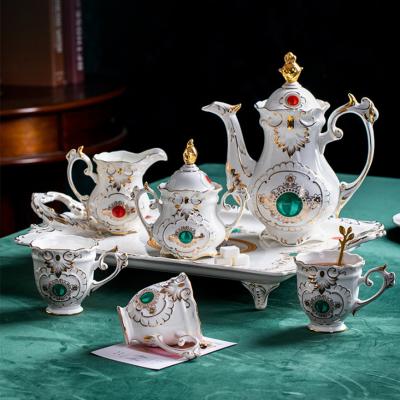 China Sustainable Luxury Coffee Tea Set Cafe Set 6 Person Used With Large Dish Wedding Use Ceramic Teapot Set With Gift Box for sale