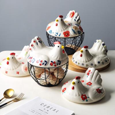 China Kitchen Viable Creative Hand Painted Ceramic Storage Box Basket Eggs Iron Storage Nordic Ceramic Decoration for sale