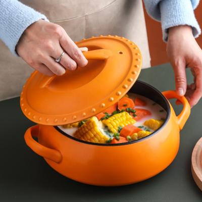 China Viable Korean Large Soup Pot Ceramic Gift Pot Orange Binaural Style Casserole With Lid for sale