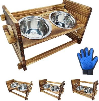 China Sustainable Dog Bowl Double Stainless Steel Pet Wheels With Wooden Stand Adjustable Bowl Pet for sale