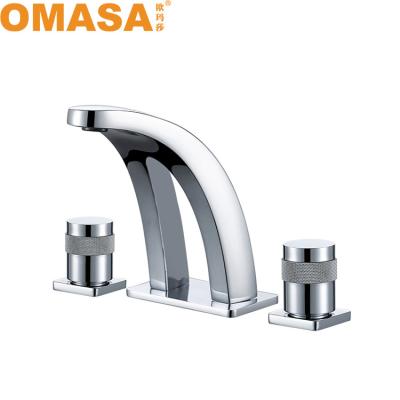 China Metered Faucets Fashion Double Handles Design Chrome Brass Bathroom Sink Faucet for sale