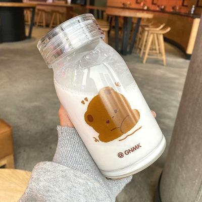 China 2021 Viable New Simple Korean Cartoon Printing Milk Cup Student Transparent Large Capacity Glass Water Bottle for sale