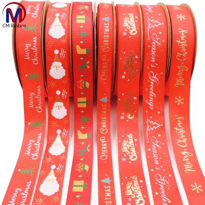 China Viable Wholesale One Inch Red Print Gold Grosgrain Ribbon For Christmas Decorations 10yard/roll for sale