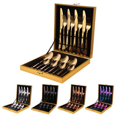 China Wholesale Hot Sale Viable Luxury SQ-1113-16 Polish Mirror Gift Box 16 Pieces Of 410 Set Wooden Utensil Dinnerware Stainless Steel Cutlery Set for sale