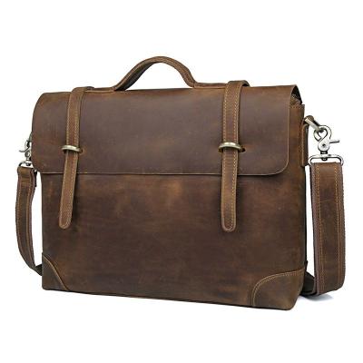 China Retro Logo Vintage Men's Crazy Horse Bag Custom Leather Briefcase 15