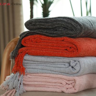 China 100% Chenille, Chunky Decoration Woven Polyester Folded Handwoven Knit Color Chenille 100% Polyester Huasheng Solid Throw Blanket for sale