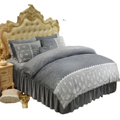 China Winter Eco-friendly Warm Fleece Set Bedding Set Luxury Lace Crystal Velvet Flannel Smooth Duvet Cover Sheet for sale