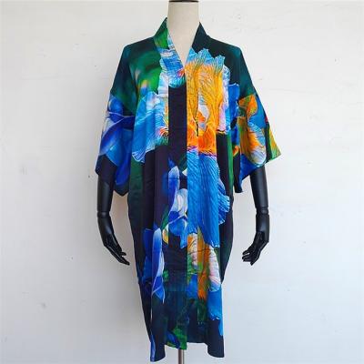 China Anti-pilling Digital printed custom designs on 100 silk chiffon boho abaya kimono cardigan robe robe for sale