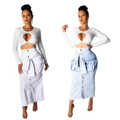 China Plus Size Fashion Women's Plus Size Washed Fashion Button Pockets Tassel High Waist Long Denim Skirts for sale