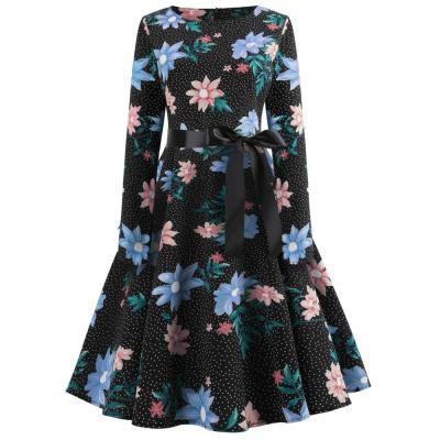 China Autumn Hot Sale Fashion Women Vintage Anti-static Dress Vintage Floral Printed Long Sleeve Dresses Women Hepburn Casual Dress for sale