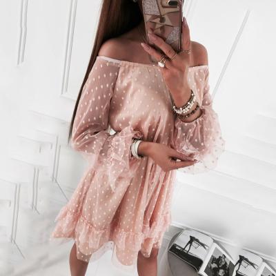 China Wholesale Hot Sale Fashion Women's Autumn Dress Boat Neck Anti-static Off The Shoulder Yarn Perspective Net Dot Dresses Women's Dress for sale