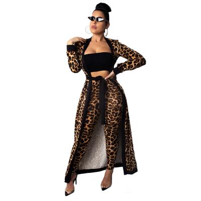 China Women's Breathable Clothing Leopard Teams Clubwear Long Front 3 Piece Open Cardigan And High Waisted Pants Set for sale