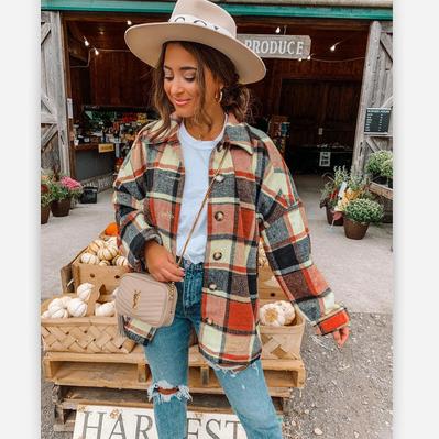 China wholesale Anti Wrinkle Autumn&Winter Plaid Shirts Sheath Flannel Lapel Coat Long Plus Size Women's Casual Shacket Jacket Pocketed Coats for sale