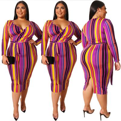 China Antistatic Anti-Static Plus Size Clothing For Woman Long Sleeve V Neck Dress Colorful Stripes Wrap Dress for sale