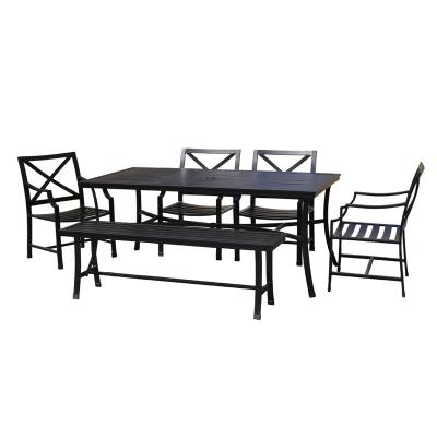 China Outdoor Living Foldable Cast Aluminum Dining Table+Armchairs+Bench Set Patio Bar Garden Furniture Bronze Or Black Powder Coated Antique for sale