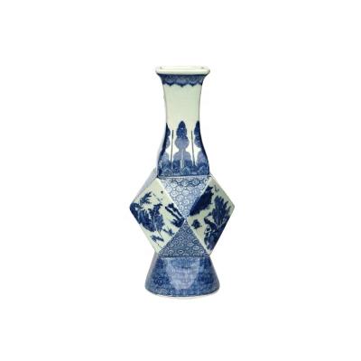 China Traditional Polygonal Porcelain Ceramic Vase Chinese Blue Type Handmade Vase Decoration Home Vase And White for sale