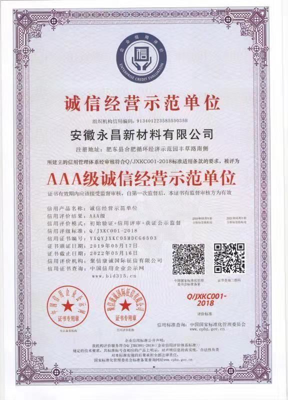 Honor certificate - Anhui Yochon New Materials Co.,Ltd