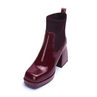 China Breathable Women's Red Ankle Boots With Chunky Winter Fashion 9cm High Heels Nude Boots for sale