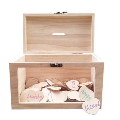 China Natural unfinished wooden storage box with lid - wooden keepsake box including 100pcs hearts wooden cutouts for sale