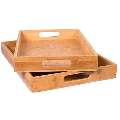 China 100% Handmade Bamboo Wooden Breakfast Food Tray Party Platter 2pc Wooden Serving Trays Set With Handles for sale