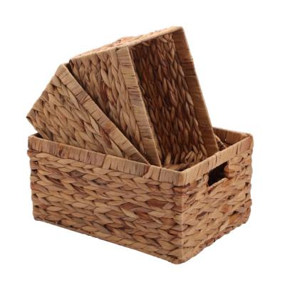 China Sustainable Water Hyacinth Basket Woven Natural Storage Box With Handle Kingwillow (Set Of 3) for sale