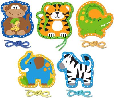 China DIY Wooden Lacing Cards Kids Lacing Card with Yarn for Woodland Zoo Woodland Zoo Engraved Animal Threading Discovery Toys Lace and Trace for sale