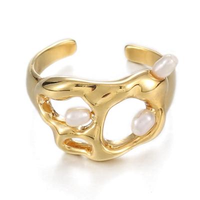 China New Design BOHEMIA Brass Ring Real Pearl Cavity Irregular Opening Ring For Women Personality Minority Design Tide Hand Ornaments for sale