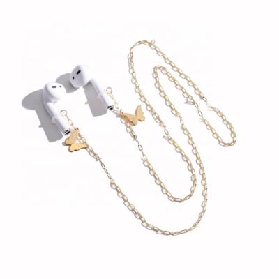 China FASHIONABLE Wireless Headset Anti-lost Chain Exquisite Metal Frosted Butterfly Earphone Necklace for sale