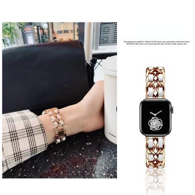 China Luxury Stainless Steel Leather Watchband For Apple Watch 38mm 40mm 41mm Fashion Metal Strap For iWatch Bands 01 for sale