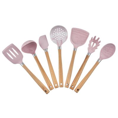 China Wholesale Wooden Handle Stocked 7 Piece Set Kitchenware Strainer Spatula Spoon Soup Set for sale