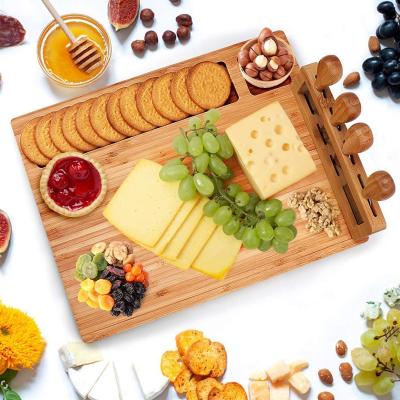 China Sustainable Good Quality Bamboo Cheese Board Set With Square Wooden Cutlery Knife Cutting Board For Kitchen Use for sale