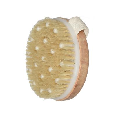 China All Natural Boar Hair Bath Brush Logo Spa Round Bamboo Wood Custom Dry Body Brush for sale