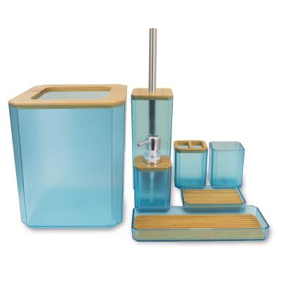 China Sustainable Bathroom 7 Piece Bamboo Trash Can Toothbrush Holder Soap Dispenser Set for sale