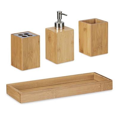 China Sustainable Wholesale Lotion Pump Bottle Natural Bamboo Bathroom Soap Dispenser Set for sale