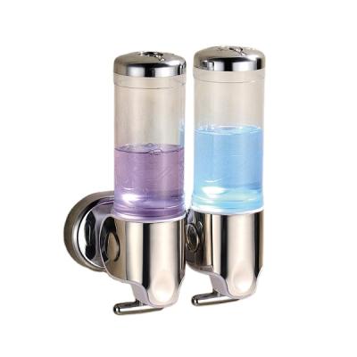 China Wall Mounted Sanitizer Dispenser Wholesale Wall Mounted Double Hand Push Manual Bathroom Soap Dispenser Double Bottle Liquid Bathroom Soap Dispenser Set for sale