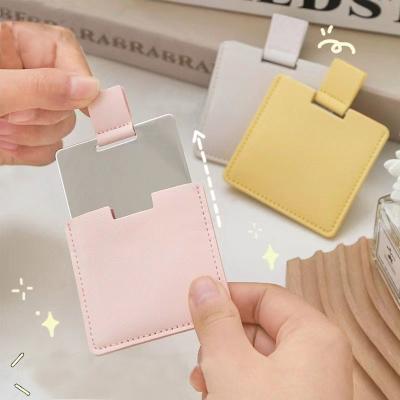 China Custom Logo Square Shape Stainless Steel PU Small Portable Pocket Mirror Hand Held Cosmetic Makeup Wholesale Customizable Beauty for sale