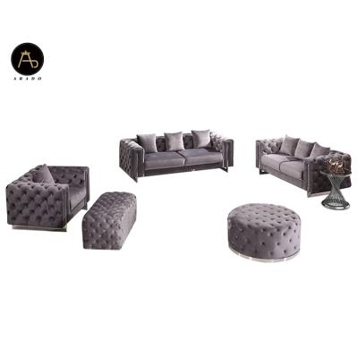 China Customized Gray Chesterfield velvet sofa set of latest color 2021 Chinese luxury living room furniture loveseat for sale