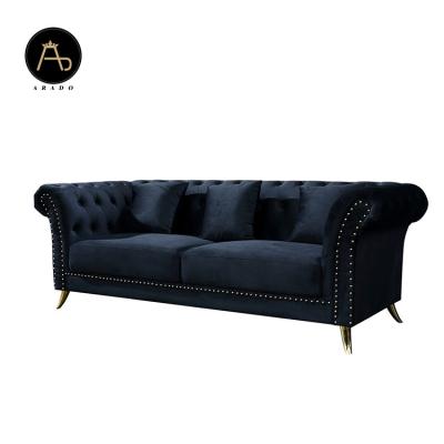 China Customized Color Italy Designs Velvet Chesterfield Sofas 3 2 1 Seater Living Room Sofa Set With Gold Leg for sale