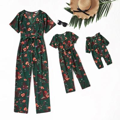 China Mommy and Me QUICK DRY Matching Sleeve Overalls Family Look Clothes Flower Pattern Short Mother Daughter Overalls for Woman Girls Overall Romper for sale