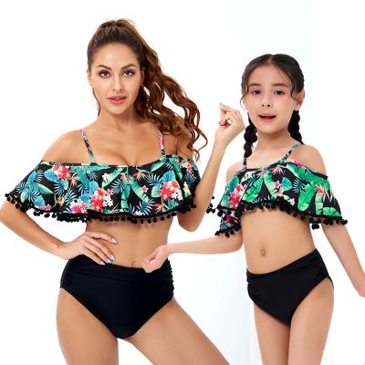 China Print QUICK DRY Teen Swimsuit Leaf Off The Shoulder Ruffle With Tassel Bikini Mommy And Me Monokini Family Matching Swimwear For Mother Daughter for sale