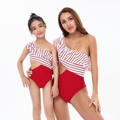 China Mommy and me single shoulder ruffle bikini teen red stripe QUICK DRY swimsuit monokini family matching swimwear for mother daughter for sale