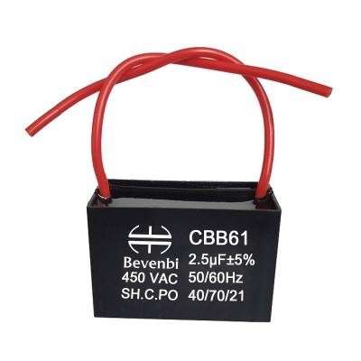 China Flexible Electric Fan 2 Wire Ceiling Fan Motor Capacitor Polypropylene AC Motor Capacitor 0.47~30uf 300V 400V 450V Cbb61 2.5uf 250vac 50/60hz for sale