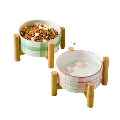 China New Sustainable Grid Design Colorful Ceramic Pet Bowl For Dogs And Cats for sale